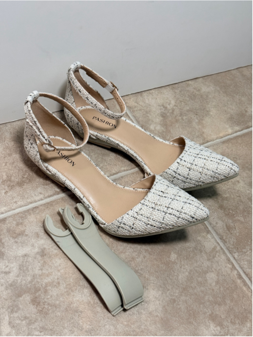 Size 7.5 Pashion Footwear Bone Tweed D'Orsay Flats
